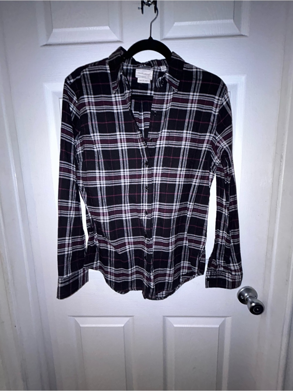 Weatherproof Black, White and Raspberry Plaid Button-Down Flannel Shirt